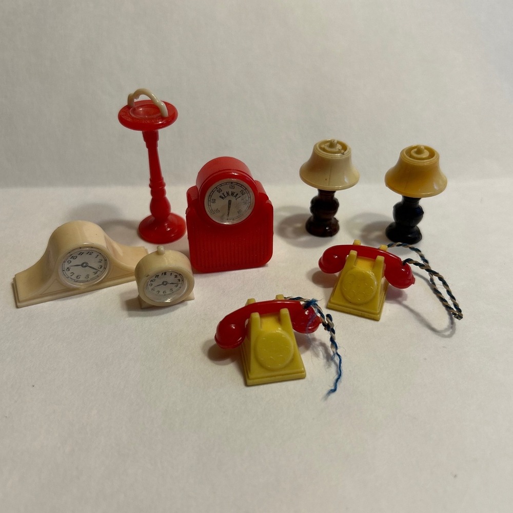 Vintage Renwal Dollhouse Furniture Accessories Lot Clocks Lamps Telephones